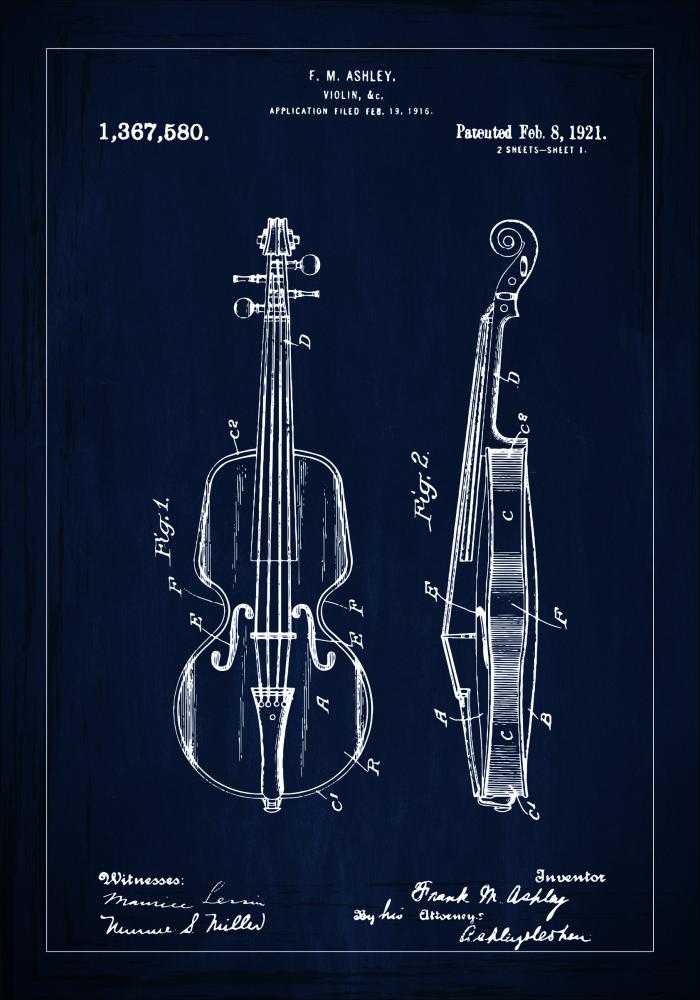 Bildverkstad Patent drawing - Violin - Blue Poster