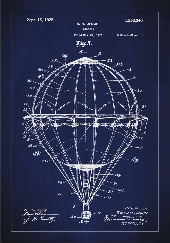 Bildverkstad Patent drawing - Hot air balloon - Blue Poster