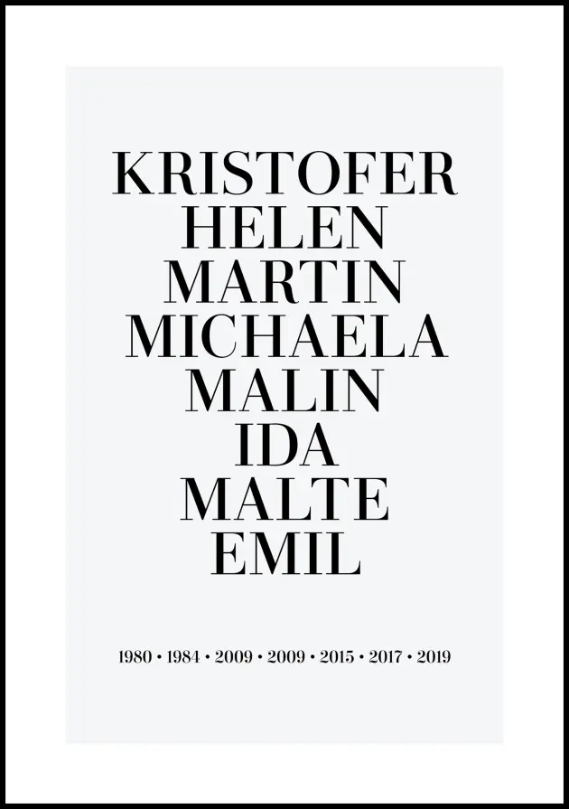 Personlig poster Family picture - 8 Names & Birth years - Grey