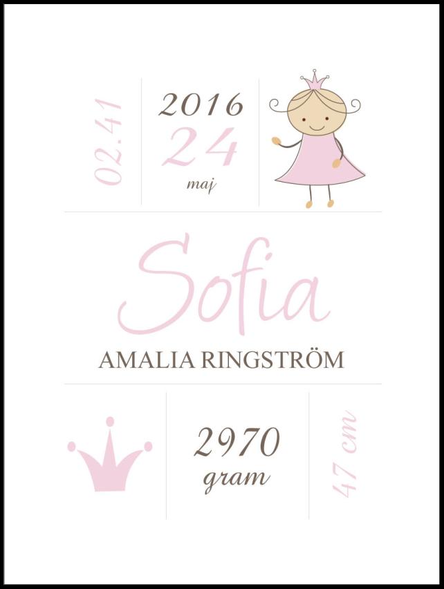 Personlig poster Princess Birth Poster Pink