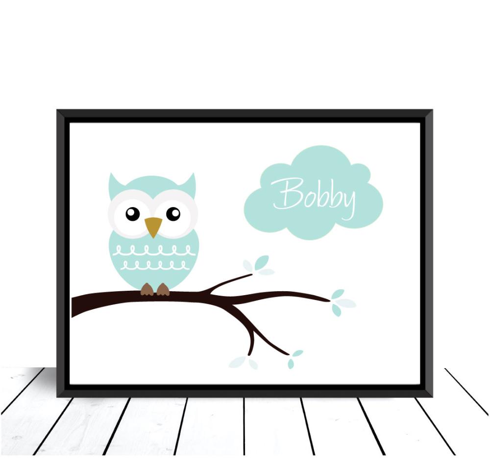 Personlig poster Owl Birth Poster Turquoise