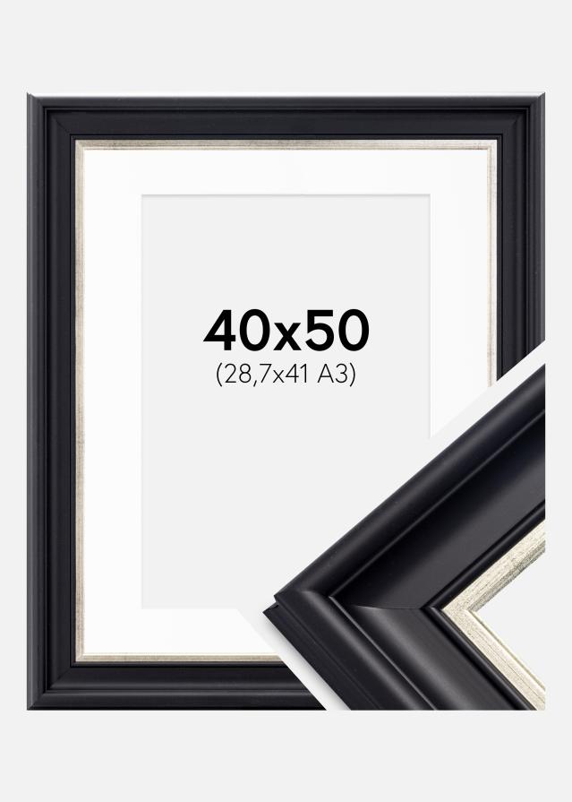 Ram med passepartou Frame Dalarna Black-Silver 40x50 cm - Picture Mount White 29.7x42 cm (A3)